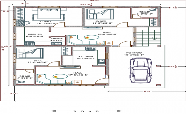 Rental House CAD File with 3BHK Layout and Car Parking Design
