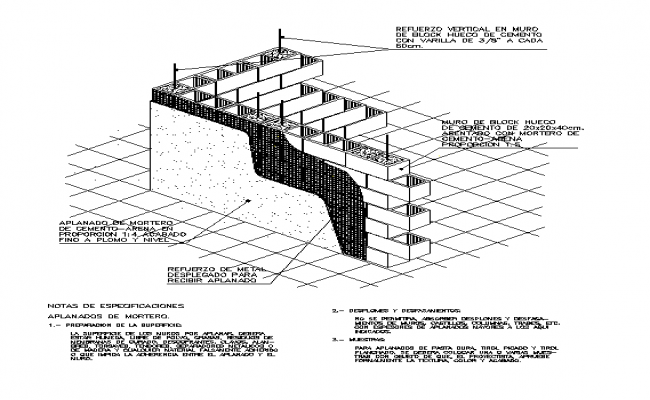 Wall Detail CAD with Block Reinforcement and Mortar Plaster Section