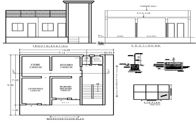 10.05x9.0m 1BHK with Store House Plan With Detail CAD Drawing File