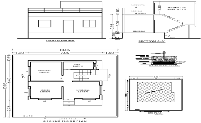 10.06m×10.06m 1 BHK Floor Plan with Elevation Details in DWG File