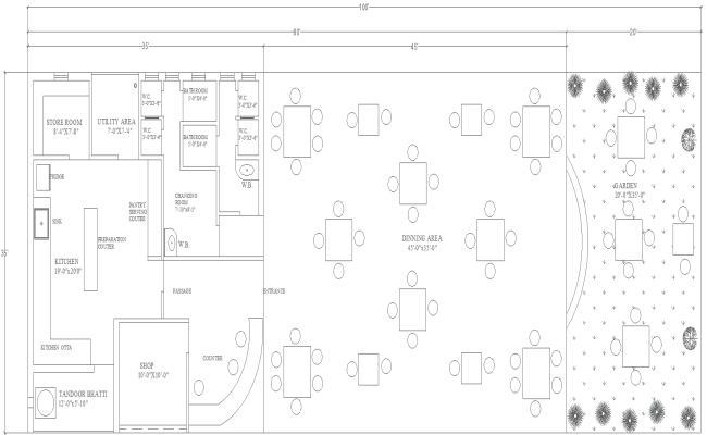 100ft x 35ft Restaurant Interior Layout Design - AutoCAD DWG File
