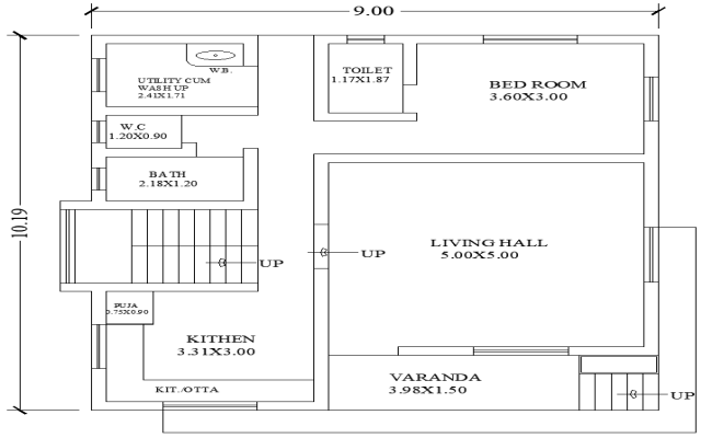 AutoCAD DWG Layout of 10.19m×9m 1BHK House Design