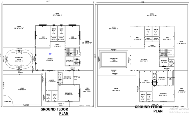 103x103 Luxury House Plan in DWG File with Pool and Lawn