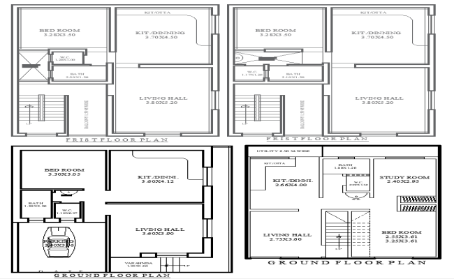 10.42ft x 8ft Ground and First Floor House Plan Design with 1BHK Details AutoCAD DWG