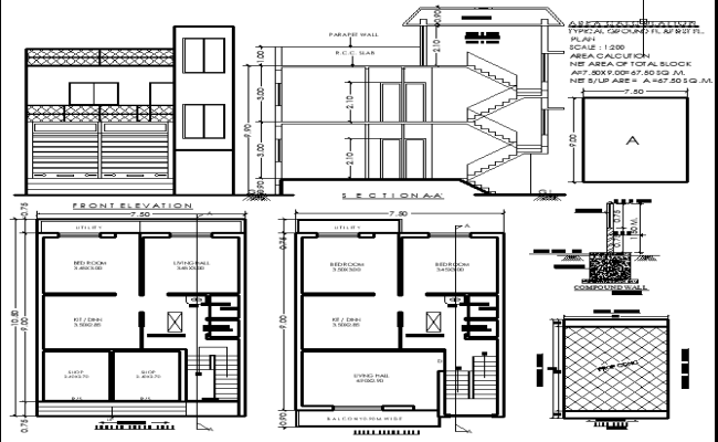 10.50x7.5m Architectural CAD Plan Featuring Shops, Balcony, and Layout