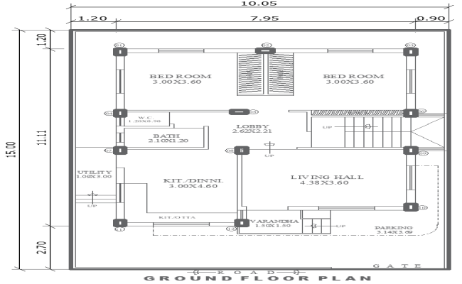 10.5mx15m 2BHK Ground Floor House DWG Plan Design