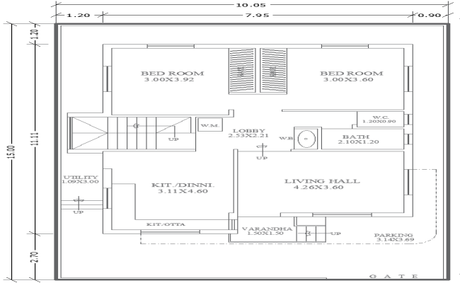 10.5x15m 2BHK House Plan Layout Design AutoCAD DWG File