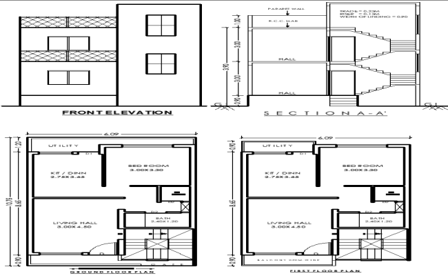 10.75x6.09m Single Storey House Plan Design in AutoCAD DWG File