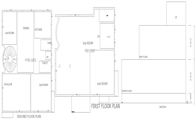 10.80x11.50m 4BHK house plan DWG with section view