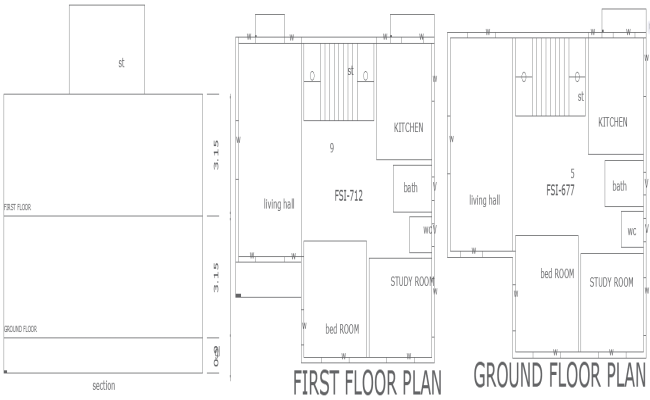 10.81x6.65m 4BHK house plan DWG with section layout