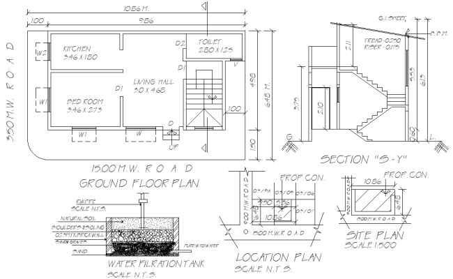 10.86m×6.48m 1BHK House Floor Plan with Section in DWG File