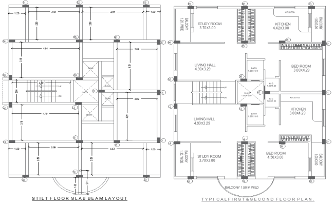 10.90mx15.50m First and Second Floor House Plan DWG file