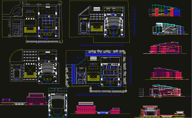 Auditorium 85x60m AutoCAD DWG Plan with Elevations and Sections
