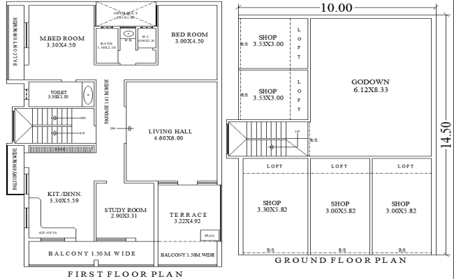 10mx14.50m Shop Godown and House Layout Plan in DWG Format