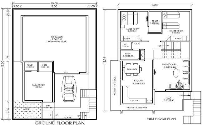 10mx15m 2BHK House Plan with Attached Godown DWG File