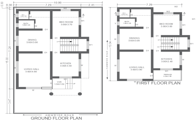 10m x 15m Ground and First Floor 2BHK House Plan Design – AutoCAD DWG
