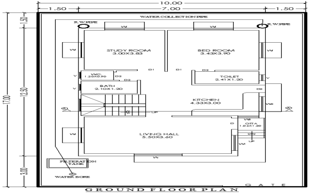 10x17m 2BHK Ground Floor House Plan with Tank in DWG File