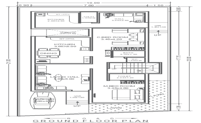 Ground Floor 2BHK House Design 10mx21m in DWG Format