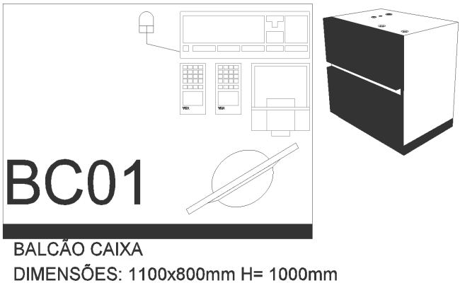 1100X800 MM Cash Counter plan and 3D view DWG AutoCAD drawing