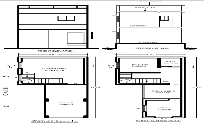 11.19mx4.87m 1BHK Single Storey House Plan in CAD Drawing File