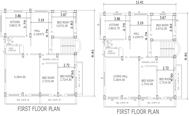 AutoCAD Drawing of 11.41m×9.81m 3BHK First Floor Layout