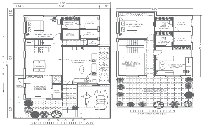 3BHK House Plan 11.50mx18m Two Floor Design in DWG File