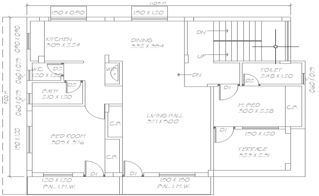 11.5mx9m 2BHK House Design in AutoCAD DWG Format
