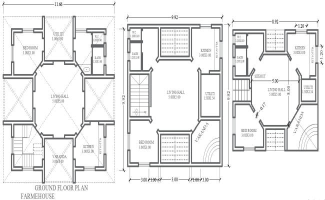 AutoCAD DWG File of 11.66m×9.92m Farmhouse Layout Plan