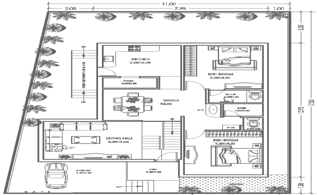 11mx17.50m 2BHK House Plan with Garden and Parking DWG File