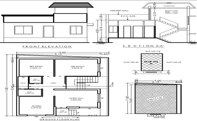 AutoCAD File of 11×9 m 2 BHK Plan with Staircase Layout plan