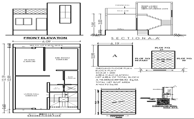 12.19x6.09m 1 BHK Residential House Plan in AutoCAD File