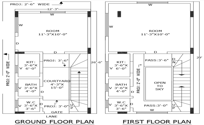 12.3ftx26.6ft 2BHK Home Design in AutoCAD DWG Format