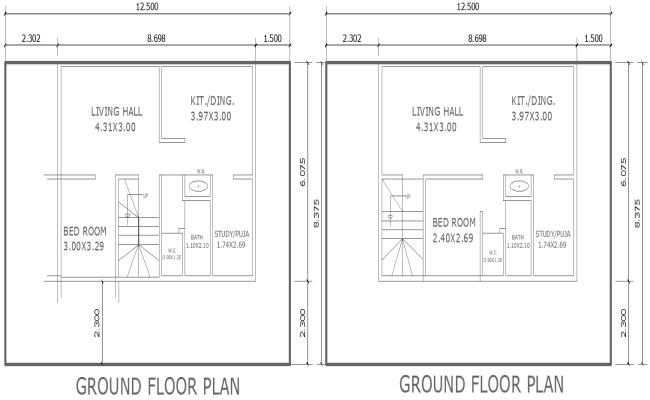 12.5x8.37m Two 1BHK Ground Floor House Layouts in DWG Format