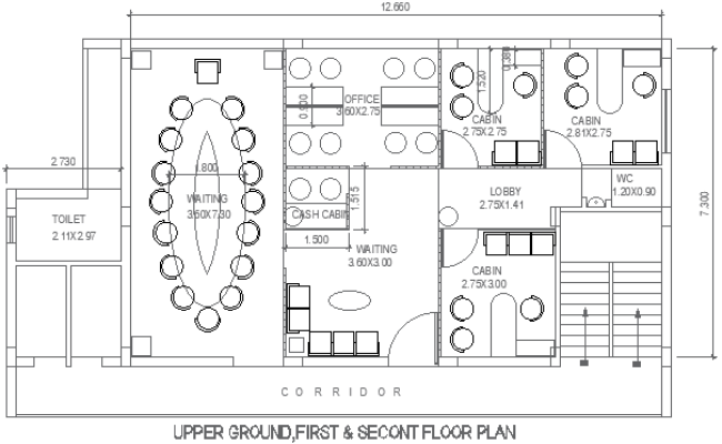 12.66x7.30m Office Interior Design Ground & Floor Plans DWG | Cadbull