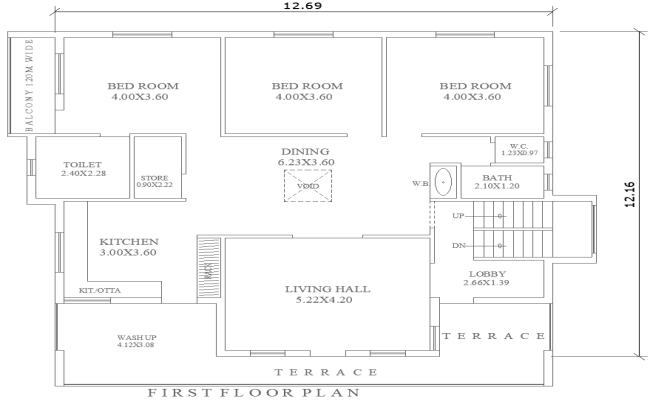 AutoCAD Plan 3BHK House Plan 12.69mx12.16m First Floor