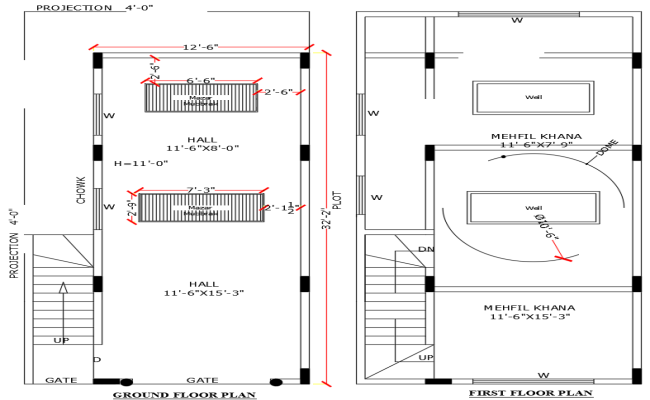 12.6ft x 32.2ft Ground and First Floor Banquet Hall Layout Design – AutoCAD DWG File