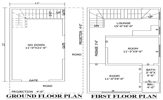 AutoCAD 12ftx25ft 2BHK House Plan with Godown Area