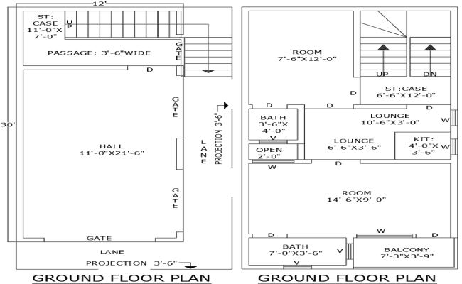 12ftx30ft 2BHK House Plan with Two Floor DWG Layout