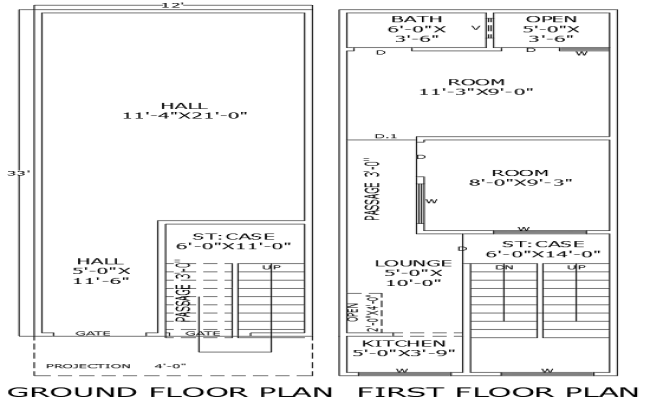 12ft x 33ft Ground and First Floor 2BHK House Plan Design – AutoCAD DWG