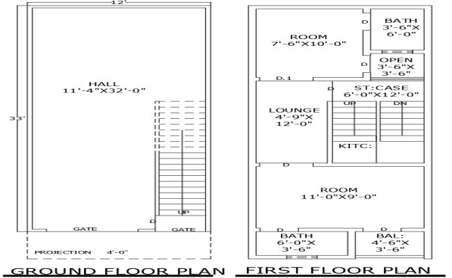 12ftx33ft Two Floor 2BHK House Plan in AutoCAD DWG File