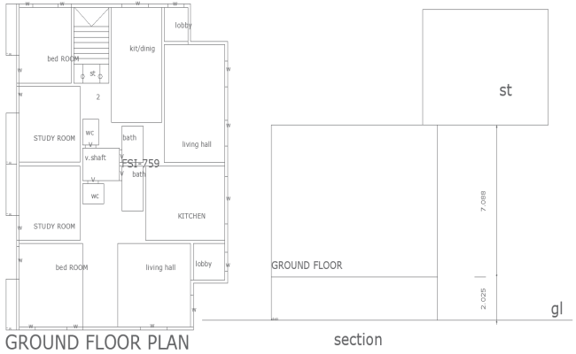12x15.24m house plan DWG with ground and section view