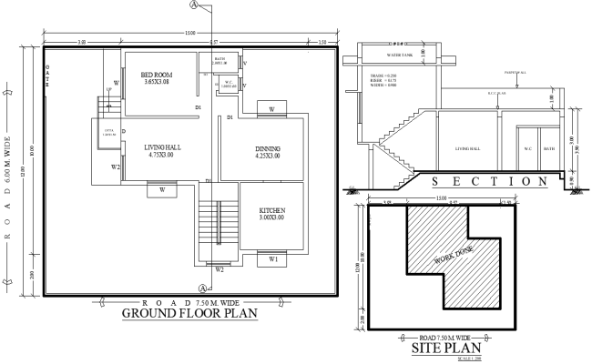 12mx15m 1BHK House Plan Section and Site Plan DWG File
