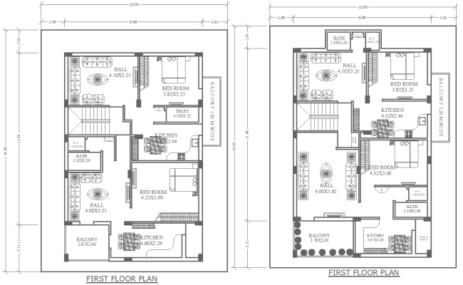 12mx16m Two First Floor House Plan Layouts in DWG File