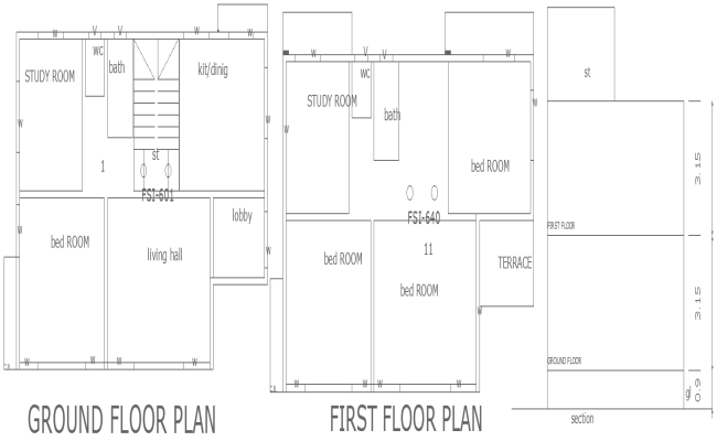 12x7.18m house plan DWG with ground floor and section