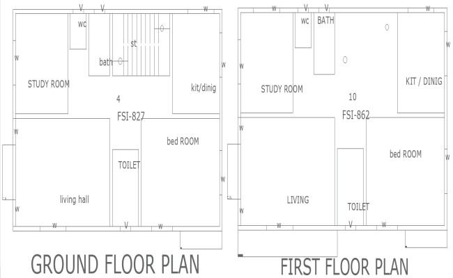 12x7.49m house plan DWG with ground and first floors