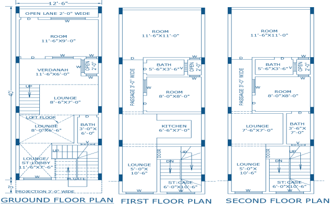 12×43 ft Three-Story Residential House Plan in AutoCAD File