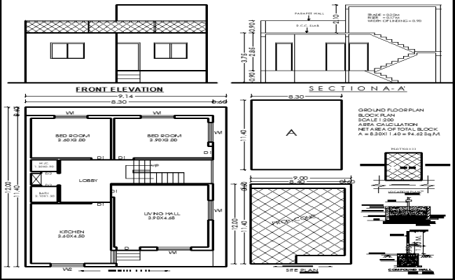 12x9.14m 2BHK Residential CAD Layout plan with Elevation Section