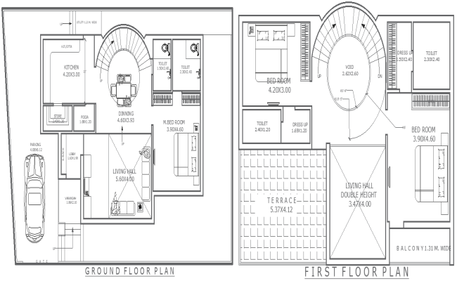 13.68m×9m 3BHK House Plan Ground First Floor DWG File