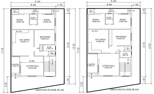 Ground Floor 3BHK House DWG Layout Plan 13m×8m Design