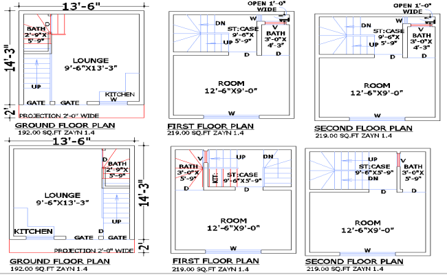 Detailed 13x14 Small Multi-Story House Plan in DWG Format